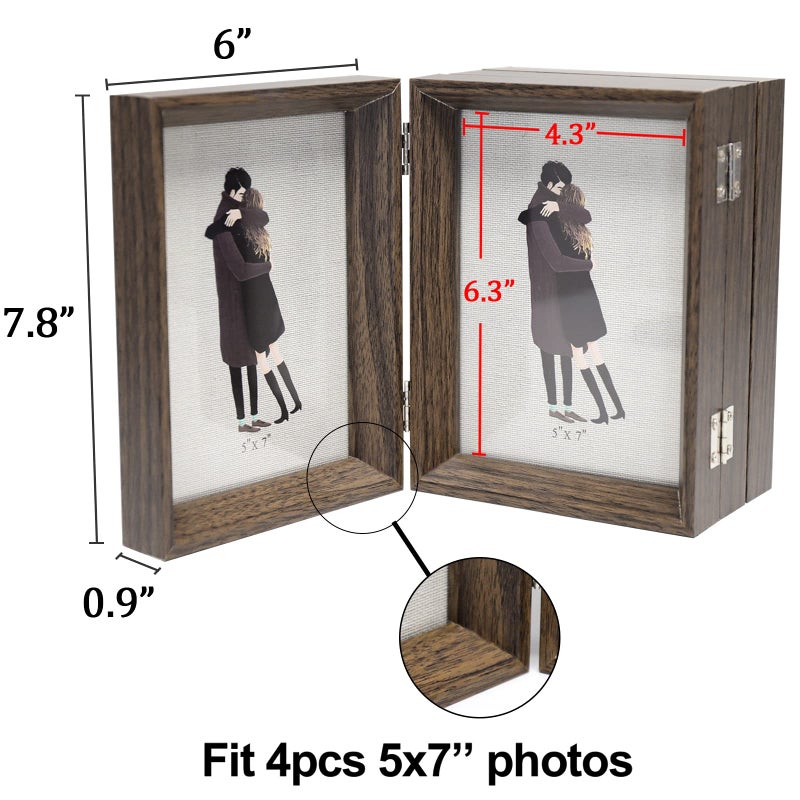 WUTL 5x7 Hinged Picture Frames Beveled Wood Brown with Real Glass 4 Vertical Opening Family Lover Gift - Image 4